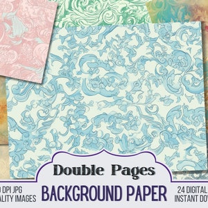 Puede incluir: Un conjunto de 24 papeles de fondo digitales imprimibles con un patrón floral azul y blanco. Los papeles son JPG de 300 DPI y son imágenes de alta calidad. El texto "Double Pages Background Paper" se muestra en la imagen.