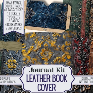 Peut inclure: Un kit de journal numérique imprimable avec des couvertures de livres en cuir aux motifs en relief complexes en or, bleu, rouge et marron. Le kit comprend 41 étiquettes/plis, 11 billets, 7 pochettes, 5 cartes, 4 signets et 2 enveloppes. Le texte "Journal Kit Leather Book Cover" est affiché dans une bannière violette.