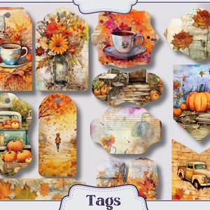 K&ouml;nnte beinhalten: Ein Satz druckbarer Geschenkanh&auml;nger zum Thema Herbst mit Bildern von K&uuml;rbissen, Bl&auml;ttern, Kaffeetassen und einem LKW. Die Anh&auml;nger sind perfekt, um Ihren Geschenken einen Hauch von Herbst zu verleihen.