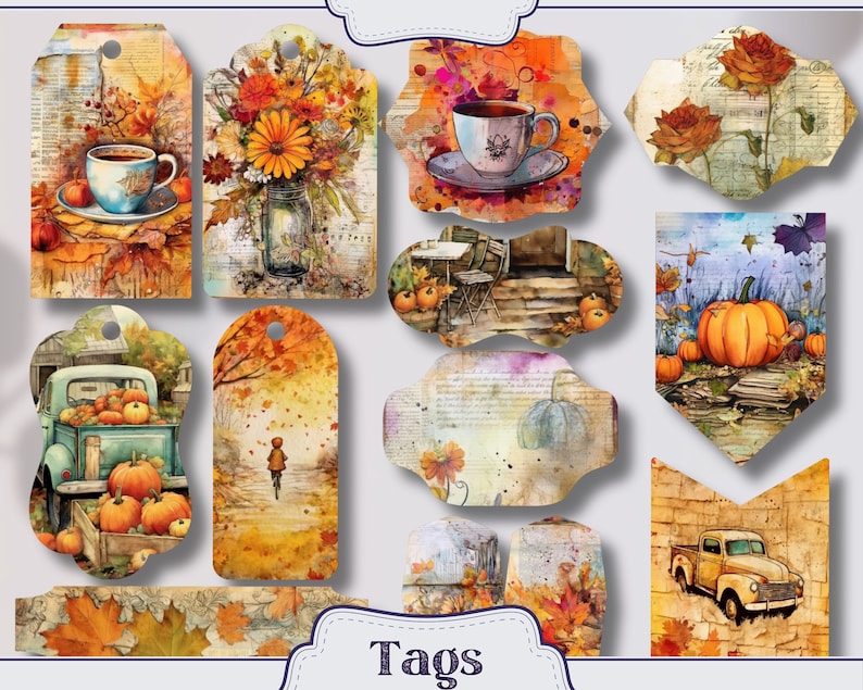 K&ouml;nnte beinhalten: Ein Satz druckbarer Geschenkanh&auml;nger zum Thema Herbst mit Bildern von K&uuml;rbissen, Bl&auml;ttern, Kaffeetassen und einem LKW. Die Anh&auml;nger sind perfekt, um Ihren Geschenken einen Hauch von Herbst zu verleihen.