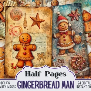 Papeles de diario basura con forma de hombre de jengibre navideño, material para álbumes de recortes: 24 páginas de diario basura de Navidad de invierno, página vintage, descarga digital