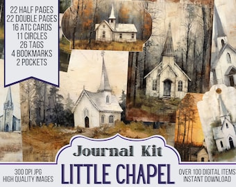 May include: A digital journal kit with over 100 items featuring a white chapel in a forest setting. The kit includes 22 half pages, 22 double pages, 16 ATC cards, 11 circles, 26 tags, 4 bookmarks, and 2 pockets. The images are 300 DPI JPG and high quality.