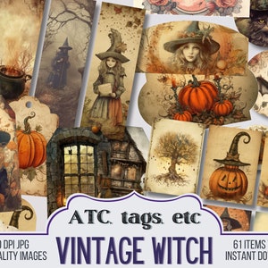 Halloween Printable Ephemera Pack Vintage Witch, Printable Halloween ATC, Pockets, Tags, Envelopes, Journal Printable Scrapbooking Supplies