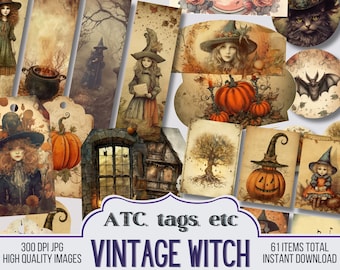 Halloween Printable Ephemera Pack Vintage Witch, Printable Halloween ATC, Pockets, Tags, Envelopes, Journal Printable Scrapbooking Supplies