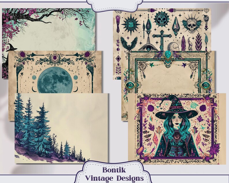 Purple and Teal Witch Junk Journal Printable Set of Vintage Pages is ...