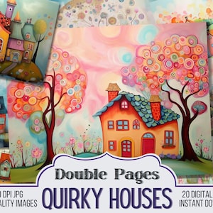 Papeles dobles para diarios antiguos de Quirky Houses, material para álbumes de recortes, 20 páginas para diarios, páginas antiguas, descarga digital, imprimibles