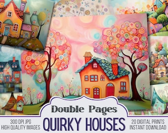Quirky Houses Vintage Junk Journal Double Papers, Scrapbook Supply, 20 Journal Pages, Vintage Pages, Digital Download, Printable