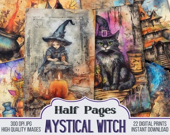 Mystical Witch Vintage Junk Journal Half Papers, Scrapbook Supply - 22 Junk Journal Pages, Vintage Page, Digital Download, Halloween