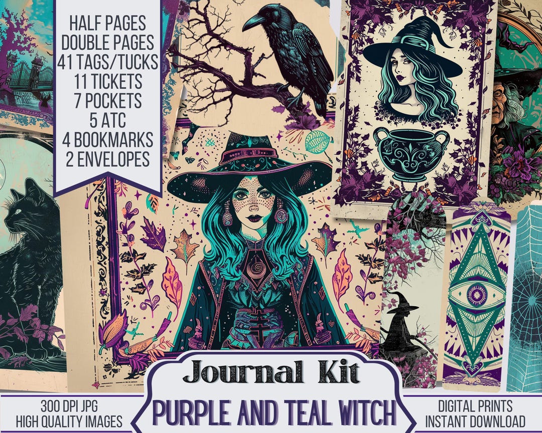 Purple and Teal Witch Junk Journal Kit Includes 40 Witchy Printable ...