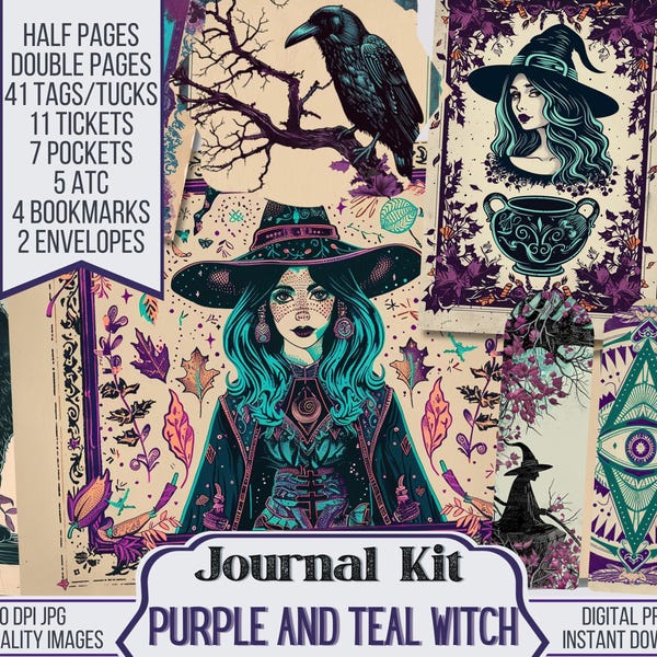 Purple and Teal Witch Junk Journal Kit includes 40 Witchy Printable Pages & 81 Halloween Ephemera available for Instant Download