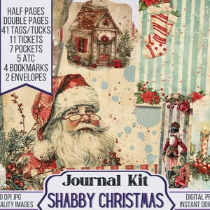 Puede incluir: Un kit de scrapbooking digital con un tema navideño shabby chic. El kit incluye 41 etiquetas, 11 boletos, 7 bolsillos, 5 tarjetas ATC, 4 marcadores, 2 sobres y fondos de página de media y página completa. El kit presenta imágenes de Santa Claus, un muñeco de nieve, un cascanueces, una media de Navidad y una casa de jengibre.