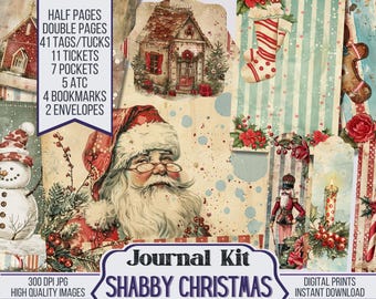 Shabby Christmas Junk Journal Kit Ephemera, ATC, Tags, Pocket, Scrapbook Supply, Christmas, Over 100 Digital Items, Xmas Printable