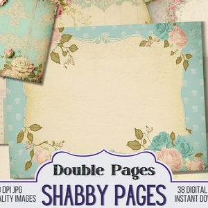 May include: A set of 38 digital printable papers featuring a shabby chic design with floral patterns, blue and white stripes, and a light blue background. The papers are 300 DPI and high quality.
