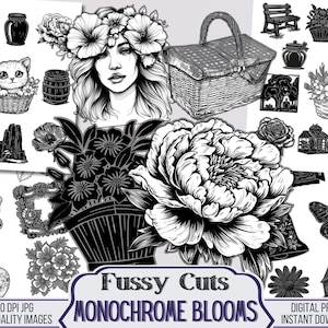 Monochrome Blüten Schwarz Weiß Junk Journal Digitales Fussy Cut Kit, druckbare Clip Art, Scrapbooking Zubehör, Floral Clipart PNG