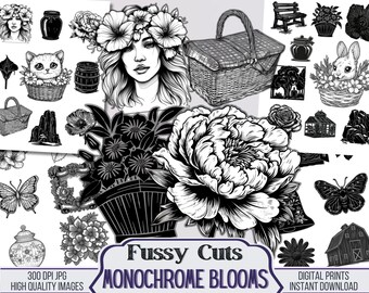 Monochrome Blooms Black and White Junk Journal Digital Fussy Cut Kit, Printable Clip Art, Scrapbooking Supplies, Floral Clipart PNG