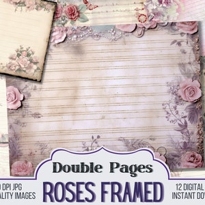 Rosor Inramade Linjerade Tomma Vintage Junk Journal Papper, Journal Scrapbook Supply - 12 Blommiga Junk Journal Sidor - Ephemera, Vintage Sida