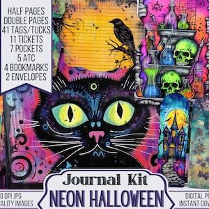 Neon Halloween Junk Journal Printable Kit, Fall Digital Pages, Autumn Scrapbooking Supplies, Halloween Junk Journal Pages