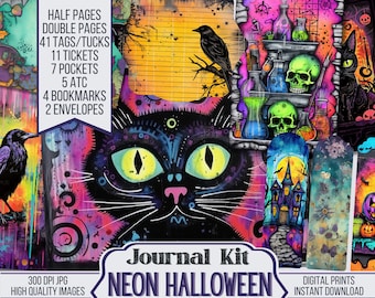 May include: A digital journal kit with a neon Halloween theme. The kit includes 41 tags, 11 tickets, 7 pockets, 5 ATC cards, 4 bookmarks, 2 envelopes, and half and double page designs. The kit features a black cat with bright green eyes, a spooky house, and a variety of other Halloween-themed elements.