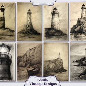 Pencil Drawn Old Lighthouse Vintage Junk Journal Half Papers, Scrapbook ...