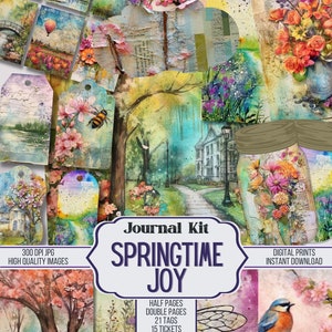 Springtime Joy Junk Journal Kit Ephemera, Frühlingsseiten, ATC, Tags, Tasche, Scrapbook Versorgung, über 100 digitale Artikel, Digital, Printable