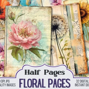 Mixed Flowers Floral Pages Vintage Junk Journal Half Papers, Scrapbook Supply - 32 Botanical Journal Pages, Vintage Page, Digital Download