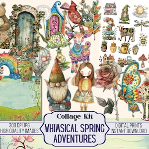 Wunderliches Spring Adventures Junk Journal Digitales Fussy Cut Kit - Frühlingshaftes Collagenpapier mit wählerischen Schnitten