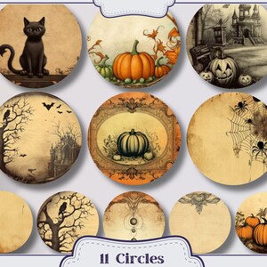 May include: Eleven Halloween themed circles with various images including pumpkins, a black cat, a spooky house, a spider web, and a bare tree.