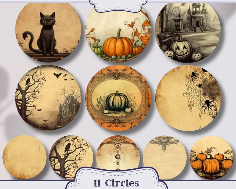 May include: Eleven Halloween themed circles with various images including pumpkins, a black cat, a spooky house, a spider web, and a bare tree.
