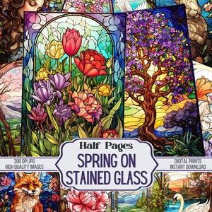 Frühling auf Stained Glass Junk Journal Half Papers - 24 Frühling druckbare dekorative Seiten, Scrapbookzubehör, digitaler Download