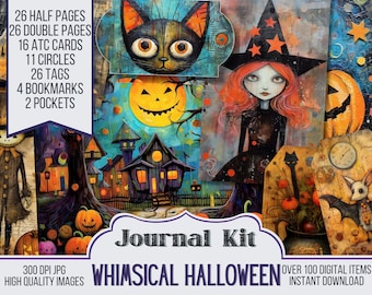 Whimsical Halloween Junk Journal Kit Ephemera, ATC, Tags, Pocket, Scrapbook Supply, Halloween, Over 100 Digital Items, 52 Digi Journal Pages