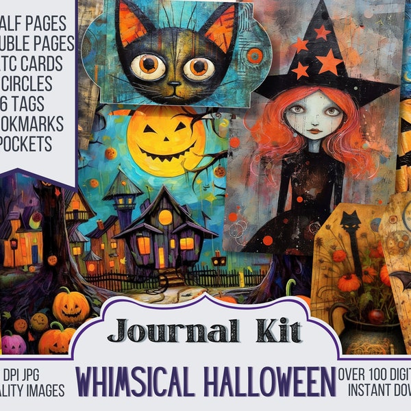 Whimsical Halloween Junk Journal Kit Ephemera, ATC, Tags, Pocket, Scrapbook Supply, Halloween, Over 100 Digital Items, 52 Digi Journal Pages