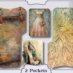 Pu&ograve; includere: Un set di quattro tasche decorative di carta con un'estetica vintage. Le tasche presentano immagini di un vestito, un tacco alto e uno sfondo strutturato. Il testo "2 Pockets" &egrave; visibile in basso.