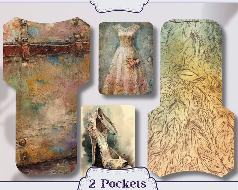 Pu&ograve; includere: Un set di quattro tasche decorative di carta con un'estetica vintage. Le tasche presentano immagini di un vestito, un tacco alto e uno sfondo strutturato. Il testo "2 Pockets" &egrave; visibile in basso.
