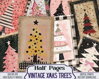 Vintage Xmas Trees Junk Journal Half Papers, Scrapbook Supply - 32 Winter Xmas Junk Journal Pages, Vintage Page, Digital Download