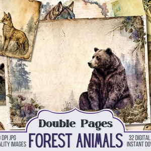 Forest Animals on a Journal Page Vintage Junk Journal Double Papers, Scrapbook Supply - 32 Forest Style Junk Journal Page, Digital Download
