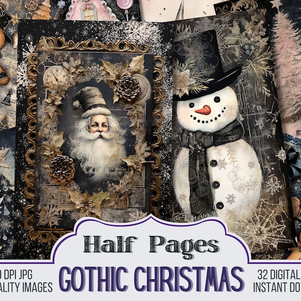 Gothic Weihnachten Junk Journal halbe Papiere, Scrapbook Versorgung - 32 dunkle Winter Weihnachten Junk Journal Seiten, Vintage Seite, digitaler Download
