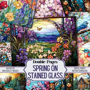 Frühling auf Stained Glass Junk Journal Doppelpapiere, 24 Frühling druckbare dekorative Hintergrundseiten, Scrapbookzubehör, digitaler Download