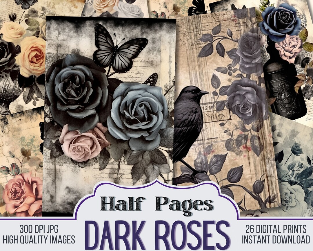 Dark Roses Gothic Vintage Junk Journal Half Pages, Journal Scrapbook ...