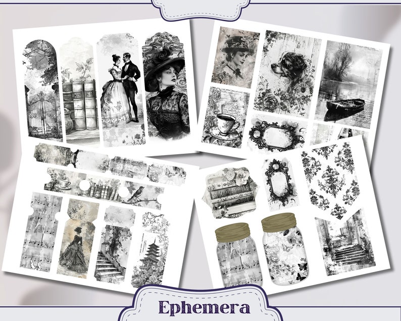 Vintage Black and White Pages Junk Journal Kit Ephemera, ATC, Tags ...