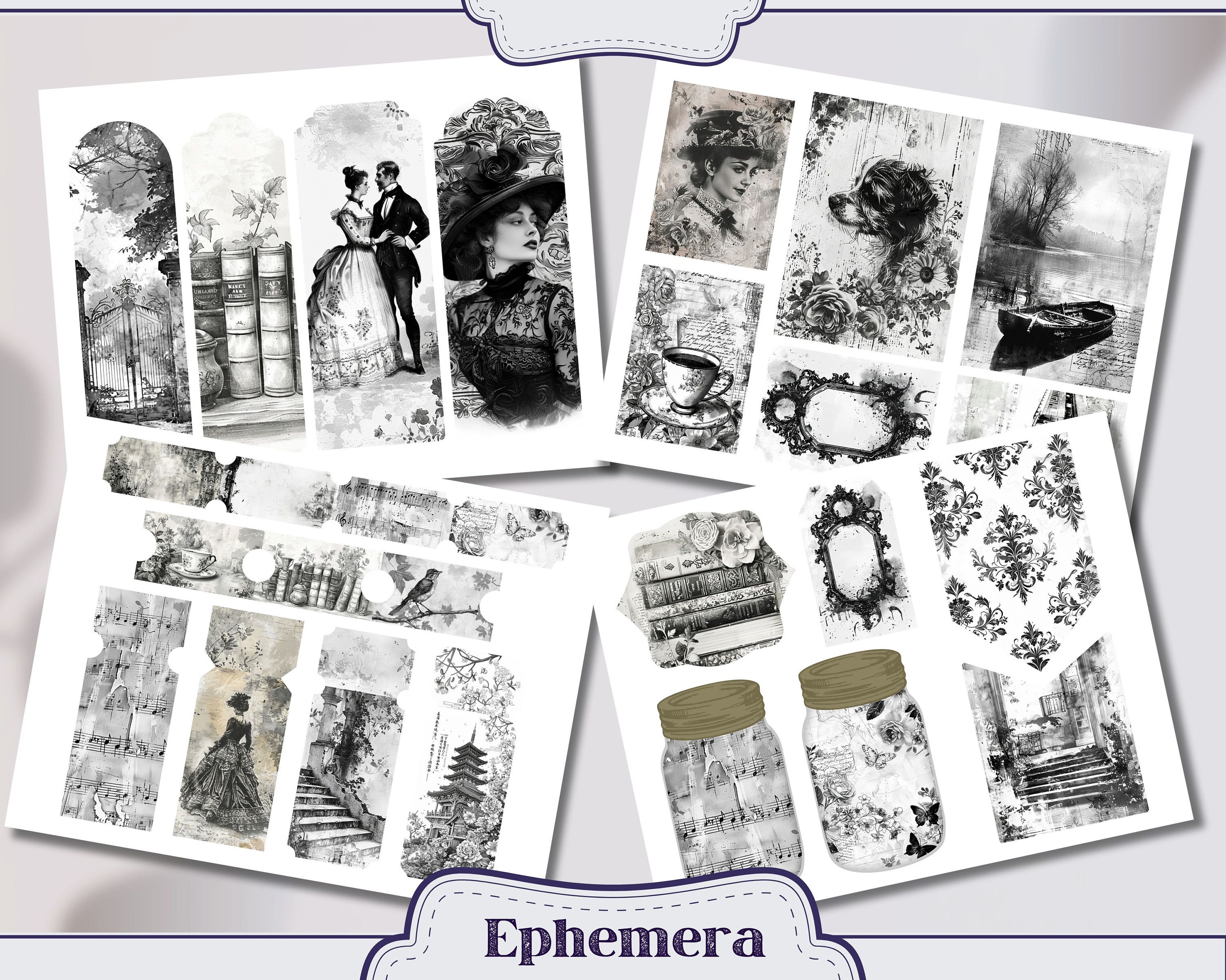 Vintage Black and White Pages Junk Journal Kit Ephemera, ATC, Tags ...