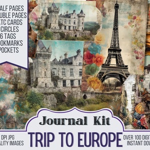 Kit de diario basura para viajes a Europa, material efímero, ATC, etiquetas, bolsillo, material para álbumes de recortes de diario: 86 páginas de diario basura de viaje, descarga digital