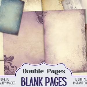 Op de afbeelding: Een set van 16 digitale prints van lege pagina's met een vintage esthetiek. De pagina's hebben een lichtbeige achtergrond met vervaagde paarse en grijze accenten en ingewikkelde bloemmotieven in de hoeken. De tekst "Double Pages BLANK PAGES" wordt weergegeven in een vet, zwart lettertype.