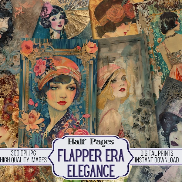 Flapper Era Elegance Junk Journal Half Papers - 22 Printable Woman Portraits Decorative Pages, Collage Paper, Digital Download