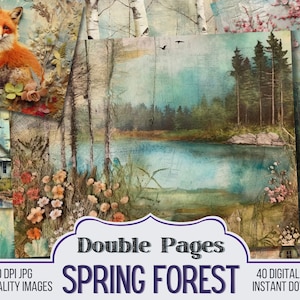 Mixed Media Spring Forest Junk Journal Double Papers, Scrapbook Supply - 40 Forest Style Junk Journal Pages, Vintage Pages, Digital Download