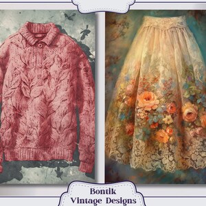 May include: A pink knitted sweater with a leaf pattern and a white collar. A floral lace skirt with a yellow, orange, and blue floral pattern.