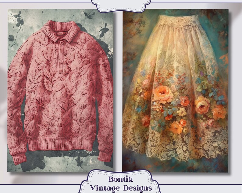 May include: A pink knitted sweater with a leaf pattern and a white collar. A floral lace skirt with a yellow, orange, and blue floral pattern.