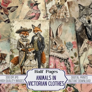 Animali in abiti vittoriani Junk Journal Half Papers - 20 pagine decorative stampabili vintage, forniture per album, download digitale