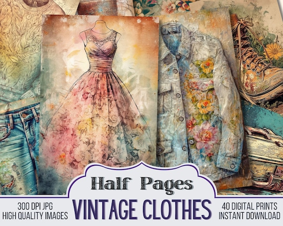 Vintage Clothes Junk Journal Half Papers, Scrapbook Supply, 40 Sewing Junk Journal Pages, Vintage Page, Digital Download