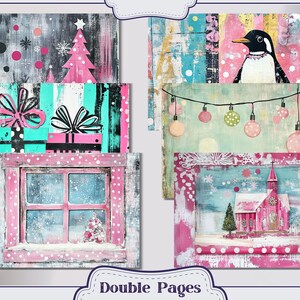 May include: A set of six digital scrapbook paper designs featuring a winter theme with pink, blue, white, and green colors. The designs include a Christmas tree, a penguin, a window, a church, and a string of lights.