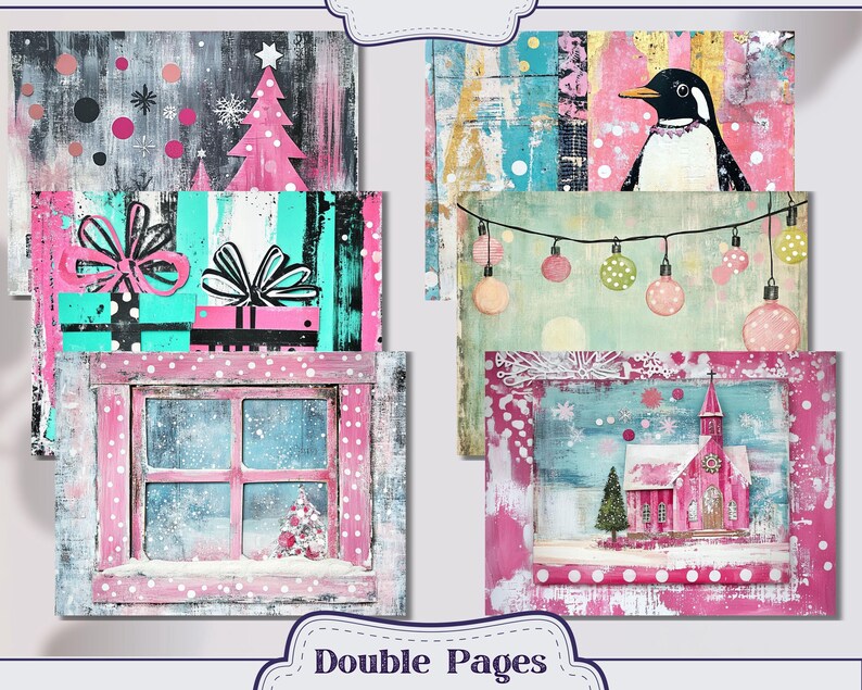 May include: A set of six digital scrapbook paper designs featuring a winter theme with pink, blue, white, and green colors. The designs include a Christmas tree, a penguin, a window, a church, and a string of lights.